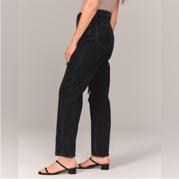 Abercrombie & Fitch Curve Love Washed Black Distressed High Rise Dad Jean - Picture 3 of 8